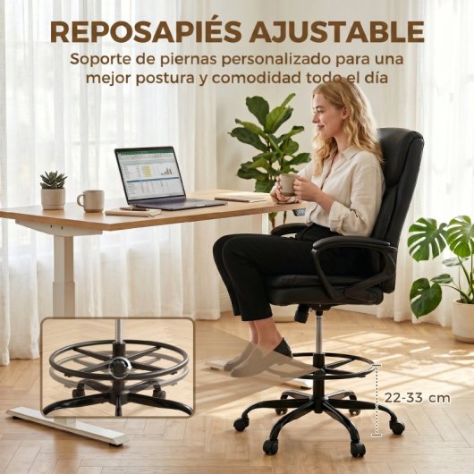 Homcom Silla De Escritorio Ergonómica Con Reposapiés Ajustable Negro