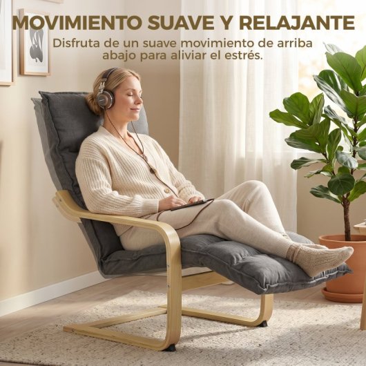 Homcom Sillón De Salón Con Reposapiés Tapizada En Lino Balanceo Suave Gris