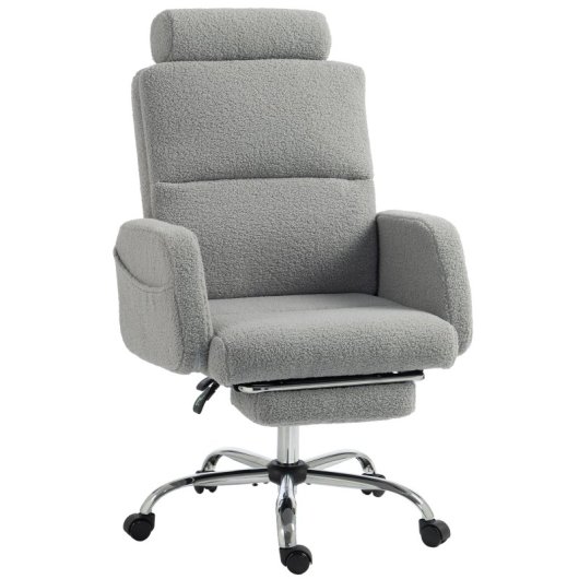 Homcom Silla De Escritorio Con Reposapiés Tapizada En Borreguito Gris Claro