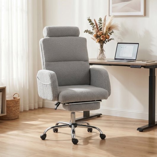 Homcom Silla De Escritorio Con Reposapiés Tapizada En Borreguito Gris Claro