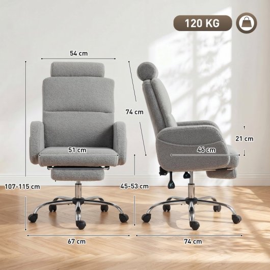 Homcom Silla De Escritorio Con Reposapiés Tapizada En Borreguito Gris Claro