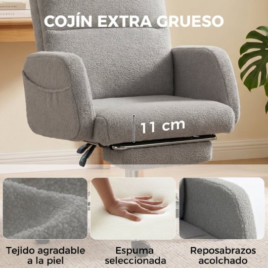 Homcom Silla De Escritorio Con Reposapiés Tapizada En Borreguito Gris Claro