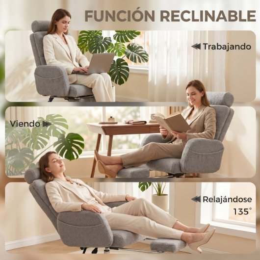 Homcom Silla De Escritorio Con Reposapiés Tapizada En Borreguito Gris Claro