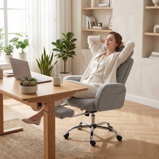 Homcom Silla De Escritorio Con Reposapiés Tapizada En Borreguito Gris Claro