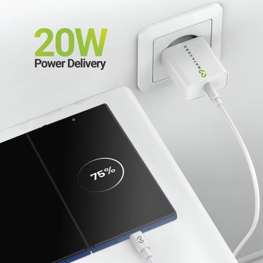 Caricatore Rapido Mayaxess 20W con Cavo 1m USB-C, Design Compatto