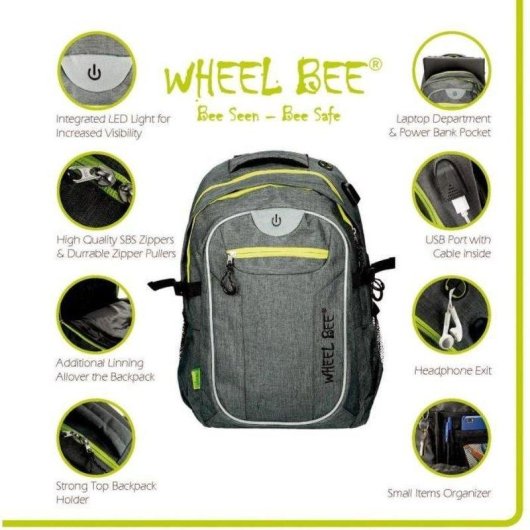 Schildkrot Wheel Bee Revolution 30L Zaino Sicurezza LED Verde USB