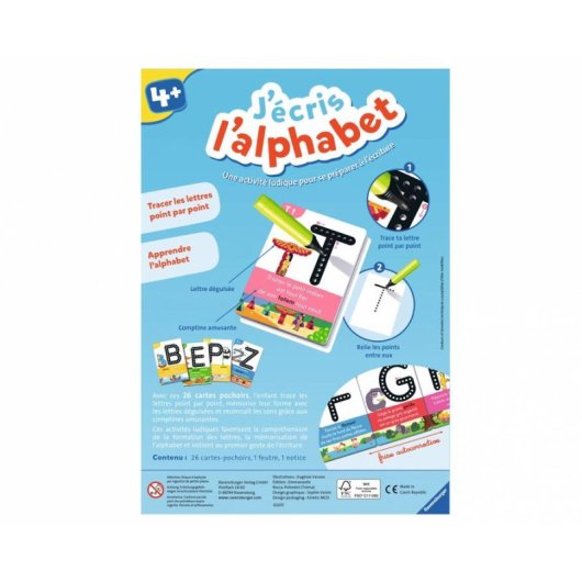 Kit de caligrafía Ravensburger J'écris L'alphabet 4+ años 26 tarjetas rotulador borrable