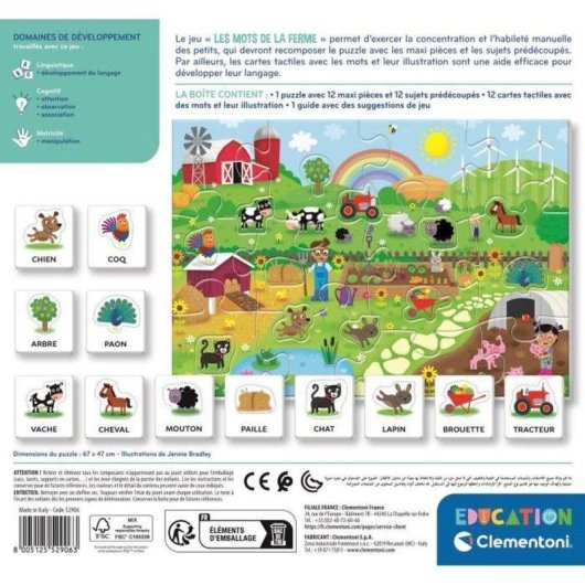 Clementoni Les Mots de la Ferme Lernpuzzle 12 Maxi-Teile mit taktilen Vokabelkarten