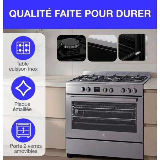 Cuisinière gaz Continental Edison CECP9060IXDD 5 feux 95L catalytique