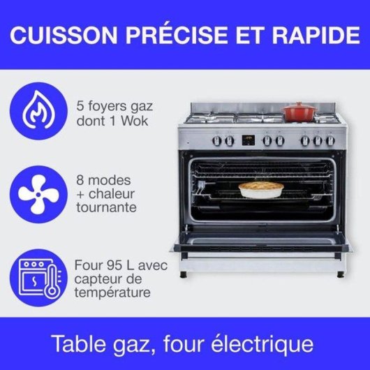 Cuisinière gaz Continental Edison CECP9060IXDD 5 feux 95L catalytique