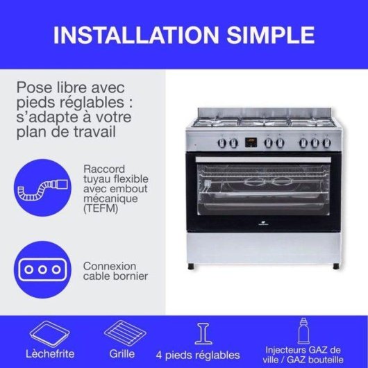 Cuisinière gaz Continental Edison CECP9060IXDD 5 feux 95L catalytique