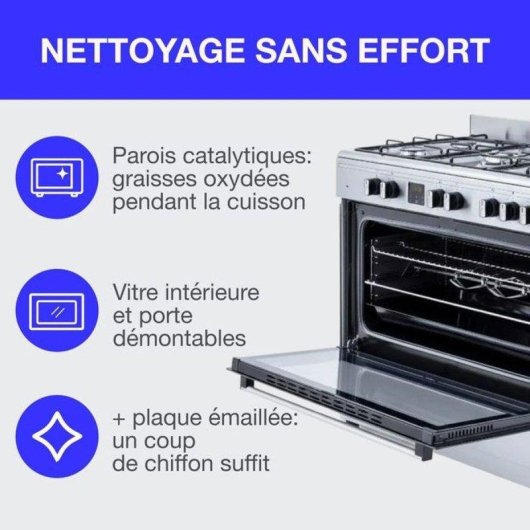 Cuisinière gaz Continental Edison CECP9060IXDD 5 feux 95L catalytique
