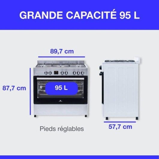 Cuisinière gaz Continental Edison CECP9060IXDD 5 feux 95L catalytique