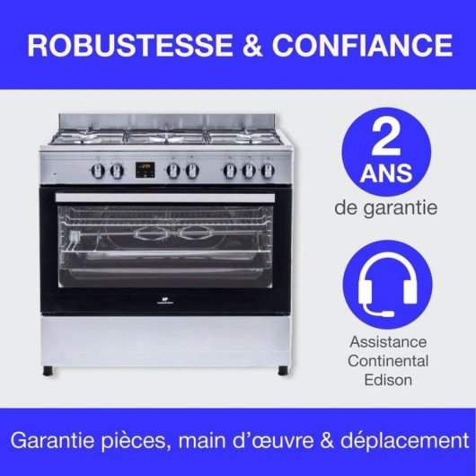 Cuisinière gaz Continental Edison CECP9060IXDD 5 feux 95L catalytique