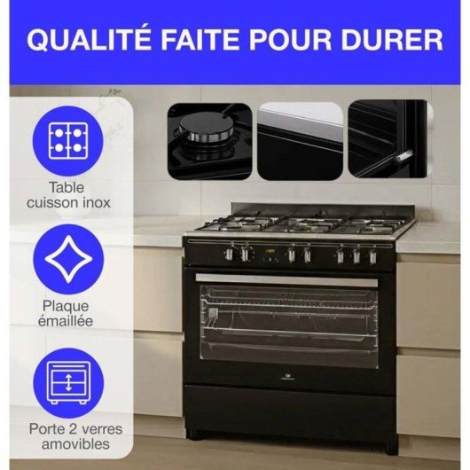 Cuisinière gaz libre 90 cm Continental Edison CECP9060BDD 5 feux Multifonction 95 L Noir Mat