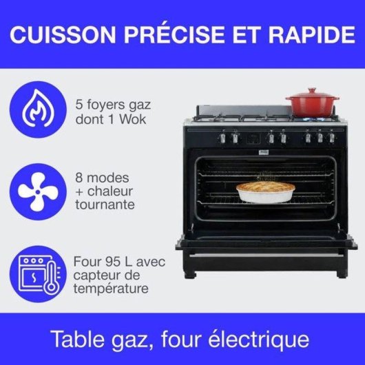 Cuisinière gaz libre 90 cm Continental Edison CECP9060BDD 5 feux Multifonction 95 L Noir Mat