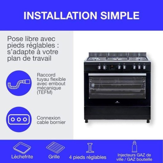 Cuisinière gaz libre 90 cm Continental Edison CECP9060BDD 5 feux Multifonction 95 L Noir Mat