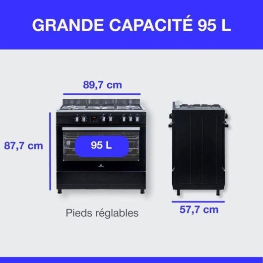 Cuisinière gaz libre 90 cm Continental Edison CECP9060BDD 5 feux Multifonction 95 L Noir Mat