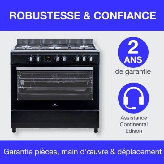 Cuisinière gaz libre 90 cm Continental Edison CECP9060BDD 5 feux Multifonction 95 L Noir Mat