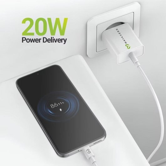 Cargador rápido USB Mayaxess 20W USB-A con cable de 1 metro USB-C, diseño compacto