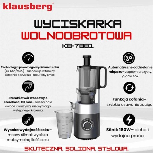 Kaltpresssaftpresse Klausberg KB-7881 180W XXL-Öffnung