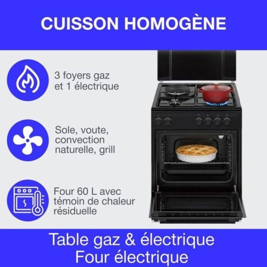 Cuisinière mixte Continental Edison CECM60FCB 3 gaz + 1 électrique 56L