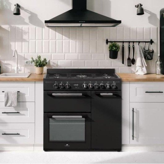 Cocina de gas tipo piano Continental Edison CECP903FB 90 cm 5 fuegos 3 hornos Negro
