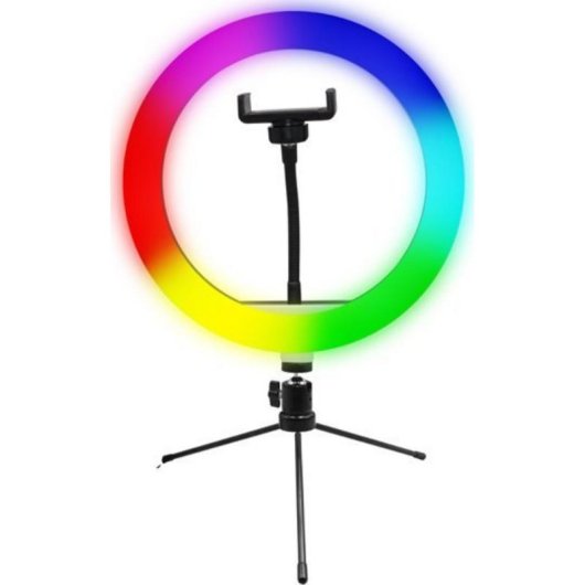 Luz de anillo LED RGB Powerton 25 cm con trípode y soporte para teléfono