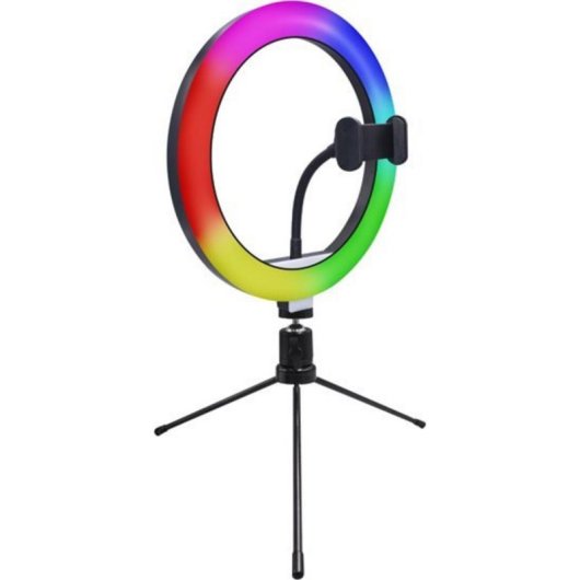 Luz de anillo LED RGB Powerton 25 cm con trípode y soporte para teléfono