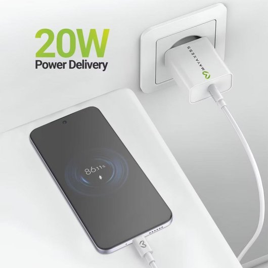 Cargador rápido USB Mayaxess 20W con diseño compacto y cable USB-C incluido