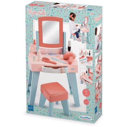 Coiffeuse Ecoiffier Ma Première avec miroir, tabouret et 11 accessoires