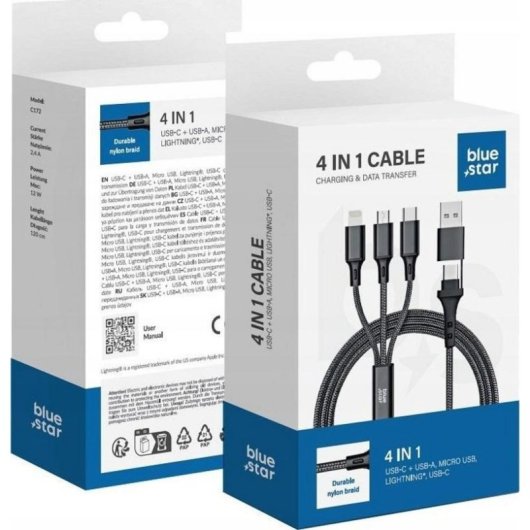 Blue Star Cafule C172 4-in-1 Kabel USB-C/Micro USB/Lightning 2,4A 12W 1,2m