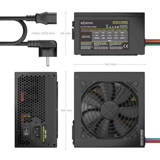 Fuente de Alimentación AISENS ASPC-500ATX-PSEBK 500W Certificazione CE RoHS con pulsante