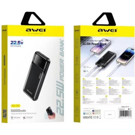 Bateria Externa Awei PA-90 10.000 mAh 22,5W Fast Charge USB-A/USB-C Preto
