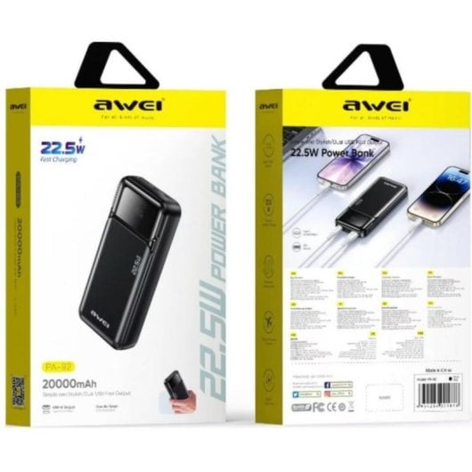 Bateria Externa Awei PA-92 20000 mAh Carga Rápida 22.5W Preta