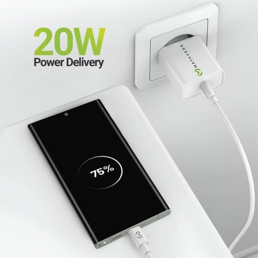 Carregador USB 20W Mayaxess Carga Rápida com Cabo USB-C 1m Branco