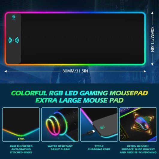 Gaming-Mousepad RGB OVO mit Kabelloser Qi-Ladung 15W und 800x300mm