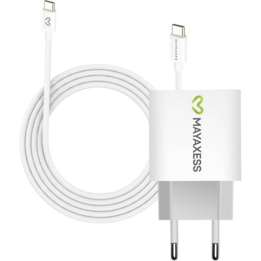 Cargador rápido USB Mayaxess 20W blanco con cable USB-C 1m protección térmica
