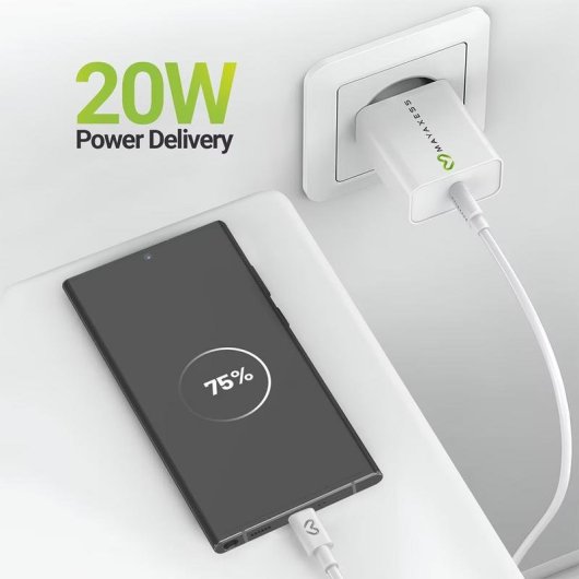 Cargador rápido USB Mayaxess 20W blanco con cable USB-C 1m protección térmica