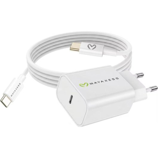 Carregador USB 20W Mayaxess branco com Cabo USB-C 1m, compacto
