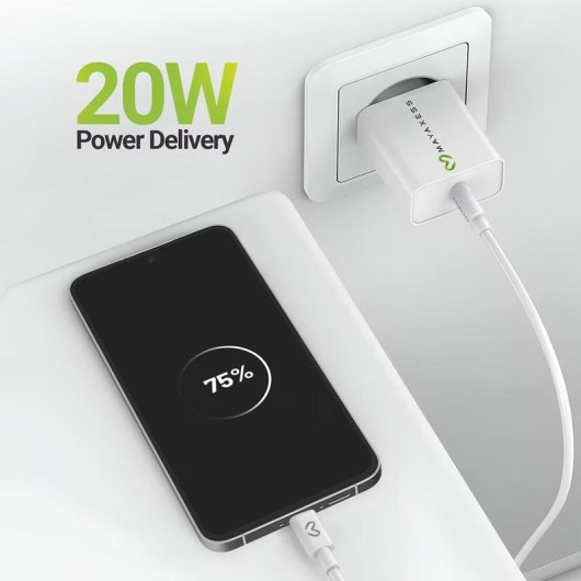 Caricatore Rapido 20W Mayaxess con Cavo USB-C 1m, Bianco