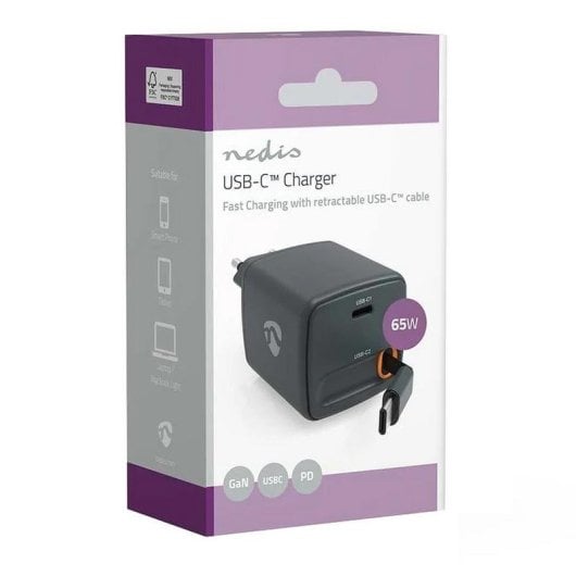 Carregador de Parede NEDIS WCHARC65WBK 65W 2 Ports USB-C GaN PD 3.0