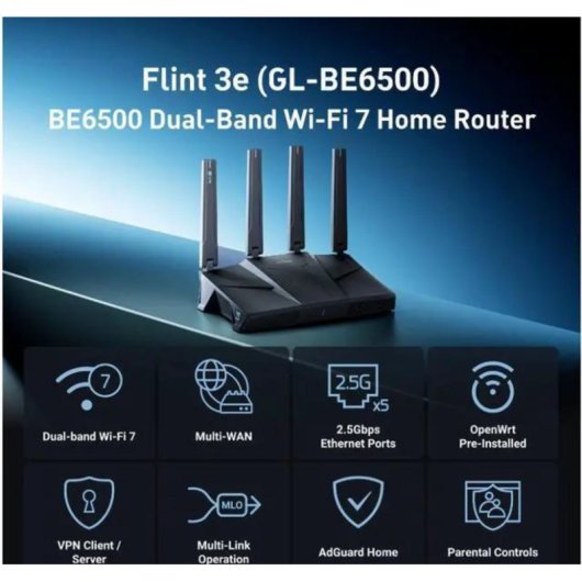 Router GL.iNet Flint 3e WiFi 7 6,5 Gbps 5 ports 2,5G VPN intégré