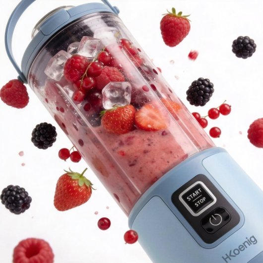 H.koenig Mini Batidora Portátil Recargable 470 Ml, Batidora De Smoothies Inalámbrica 110w Con 6 Cuchillas De Acero Inox, Recargable Usb-c 3,5h, Azul Claro