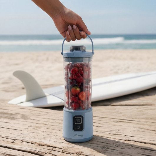 H.koenig Mini Batidora Portátil Recargable 470 Ml, Batidora De Smoothies Inalámbrica 110w Con 6 Cuchillas De Acero Inox, Recargable Usb-c 3,5h, Azul Claro