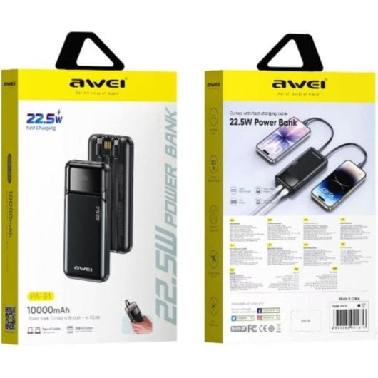 Powerbank Awei PA-91 10000 mAh 22.5W Carga Rápida USB-C USB-A Preto