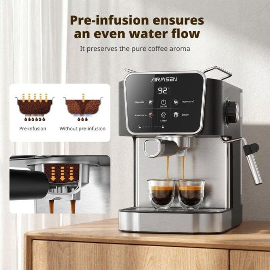 Cafetera Espresso Airmsen Mk-787g 1,8 L 20 bares con vaporizador y pantalla LCD