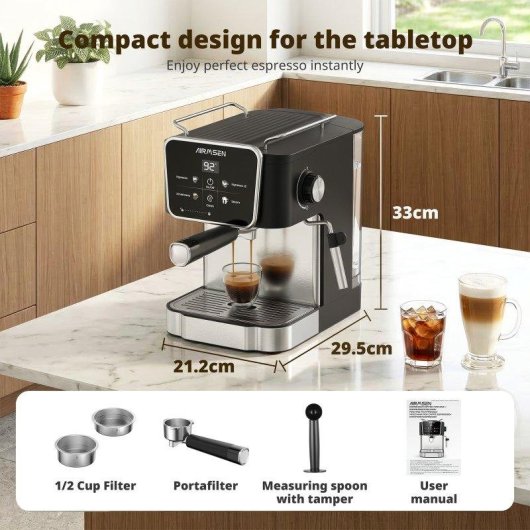 Cafetera Espresso Airmsen Mk-787g 1,8 L 20 bares con vaporizador y pantalla LCD