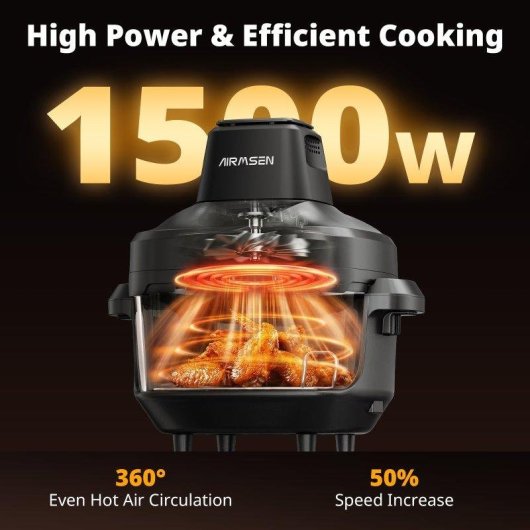 Freidora de Aire Airmsen 4,5L + 1,2L 1500W con 4 modos y tapa de vidrio