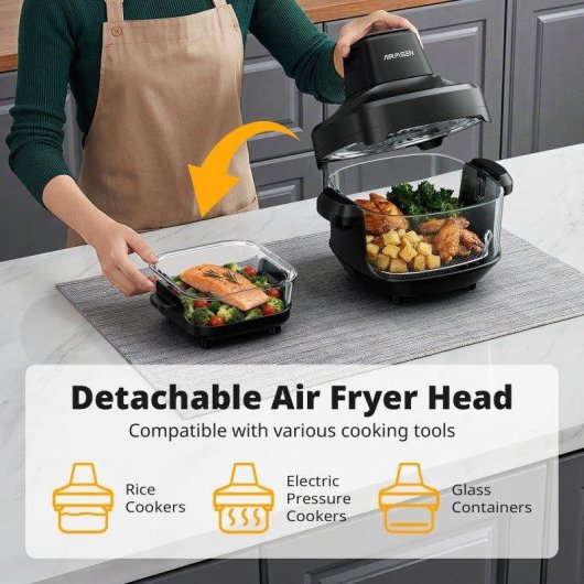 Freidora de Aire Airmsen 4,5L + 1,2L 1500W con 4 modos y tapa de vidrio